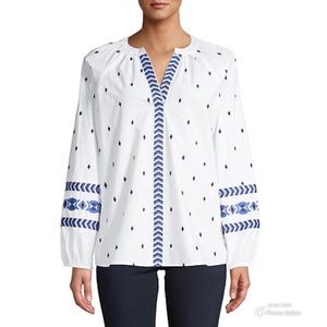 Q&A Embroidered Long-Sleeve Cotton Top